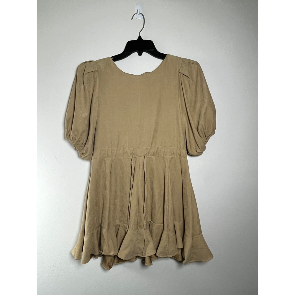 Black Line Tan Ruffle Hem Mini Dress Puff Sleeve Career Party Sundress